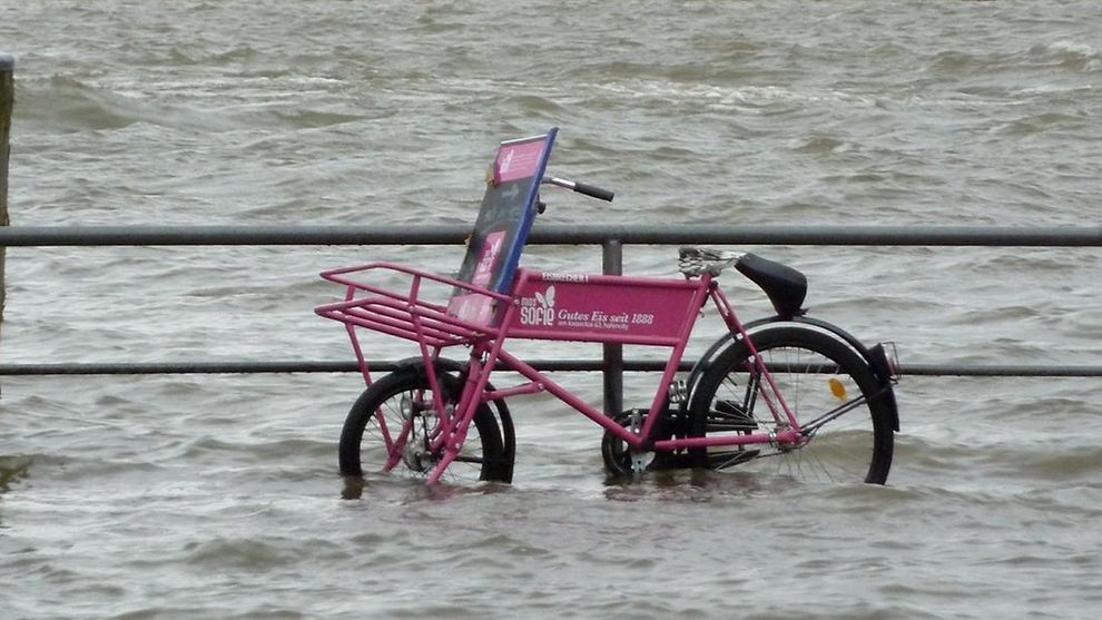 Ein rosa Fahrrad lehnt an einem Geländer. Fahrrad und Geländer sind zur Hälfte von der Elbe überspült, die über die Ufer getreten ist.