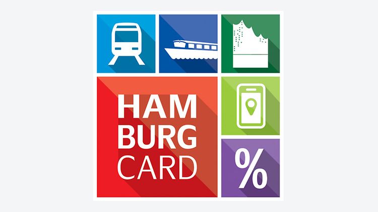  Das Logo der Hamburg CARD zeigt Symbole, die für öffentlichen Nahverkehr, Schiffsverkehr, die Elbphilharmonie, Rabatte und Essen und Trinken in Hamburg stehen.
