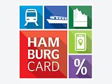  Das Logo der Hamburg CARD zeigt Symbole, die für öffentlichen Nahverkehr, Schiffsverkehr, die Elbphilharmonie, Rabatte und Essen und Trinken in Hamburg stehen.