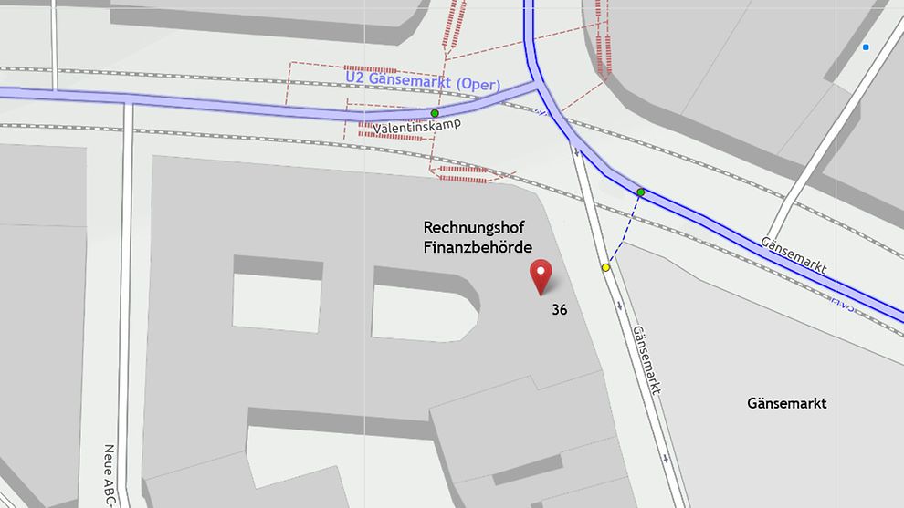 Kartenausschnitt für die Adresse Gänsemarkt 36 des Rechnungshofs der Freien und Hansestadt Hamburg