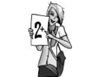  Comic: Ein Mädchen hält eine Tafel mit einer "2+" hoch.