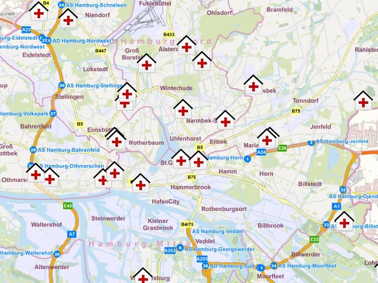  Stadtplan von Hamburg mit markierten Krankenhaus-Standorten
