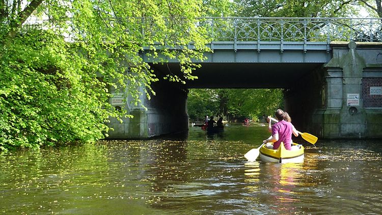 Zwei Menschen paddeln in einem gelben Kanu.