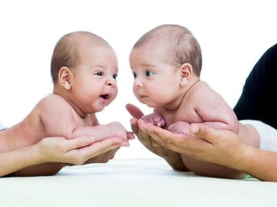  Zwei Babys getragen auf Händen