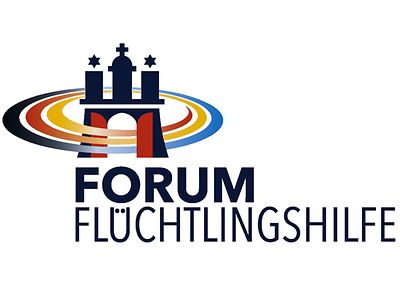  Logo Forum Flüchtlingshilfe - Es zeigt das Symbol des Hamburg-Tores mit drei farbigen Kreisen, die durch das Tor laufen. Darunter der Schriftzug: Forum Flüchtlingshilfe