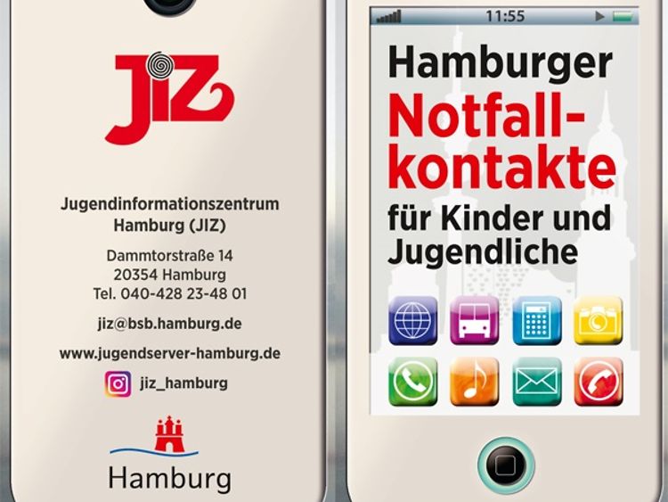  Nachbildung einer Handyoberfläche mit der Schrift "Hamburger Notfallkontakte".
