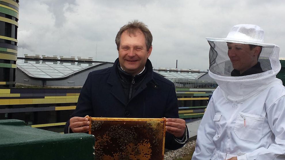 Senator Jens Kerstan begrüßt vier neue Bienenvölker auf dem Dach der Behörde für Umwelt und Energie