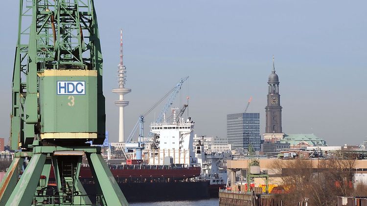  Blick von Steinwerder auf Kräne, Contaienrschiffe und die Hamburger City mit Michel und Fernsehturm