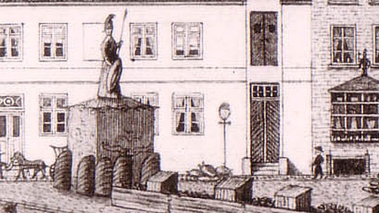 Die Zeichnung aus dem 19. Jahrhundert zeigt den Brunnen kurz vor der Versetzung an die Königstraße. (Bild: Altonaer Museum)