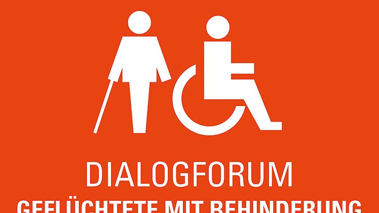 Piktogramm des Dialogforums "Geflüchtete mit Behinderung". Eine Person mit einem Langstock und ein Rollstuhl.
