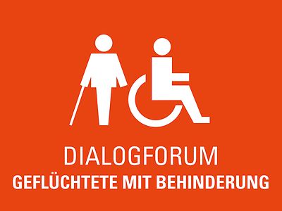  Piktogramm des Dialogforums "Geflüchtete mit Behinderung". Eine Person mit einem Langstock und ein Rollstuhl.