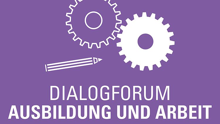  Piktogramm Dialogforum "Integration in Ausbildung und Arbeit", zwei Zahnräder und ein Schreibstift.