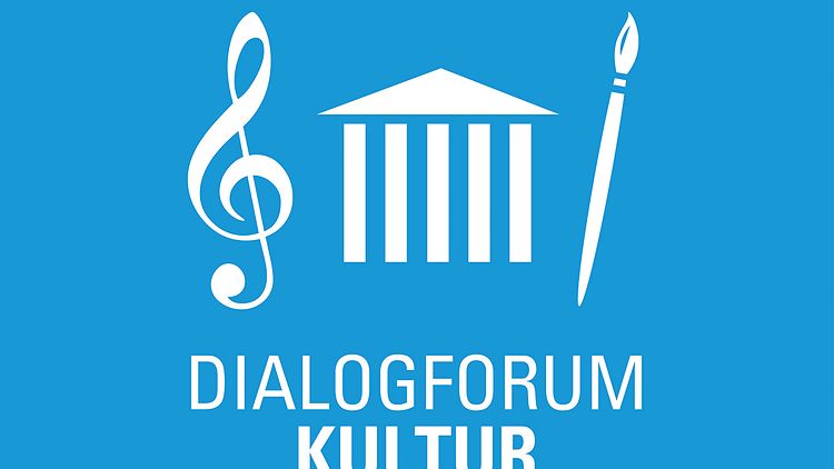  Piktogramm des Dialogforum "Kultur - Willkommenskultur", Violinschlüssel, stilisiertes Theater und ein Pinsel.
