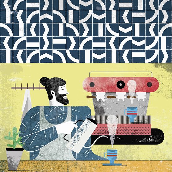 Grafik Barista, jemand schenkt einen Kaffee ein, im Hintergrund eine Kaffeemaschine