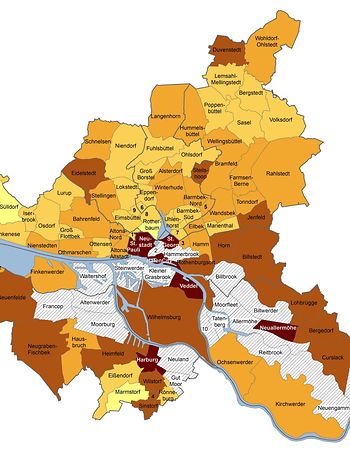Karte der Teilnahmeraten U6/U7 (zusammengefasst) in Hamburg auf Stadtteilebene