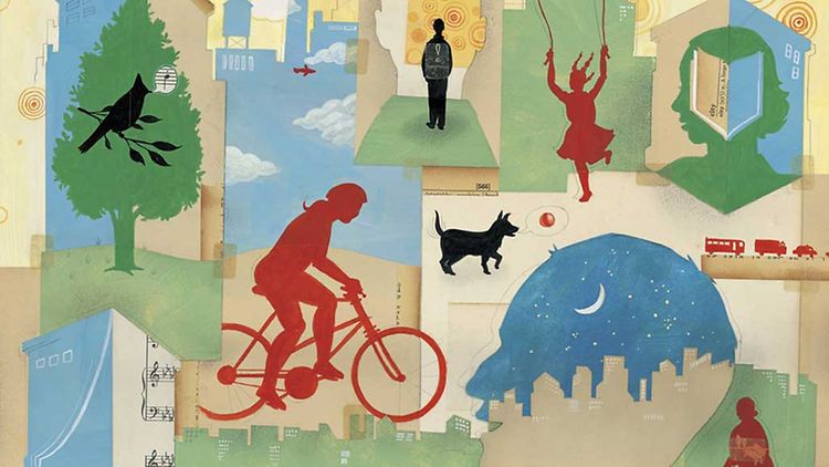  Illustration Stadt mit Fahrradfahrer, Hund, Wasser und weiteren Motiven
