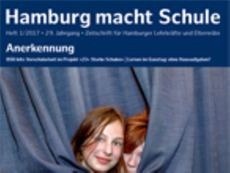  Titelbild Hamburg macht Schule, Thema Anerkennung. Junge und Mädchen miteinander in eine Gardine gewickelt.