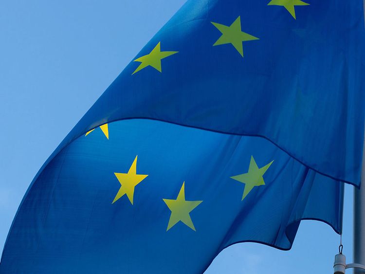  EU-Flagge (blau mit gelben Sternen) wehend