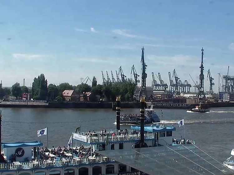  Es wird die Elbe auf Höhe der Landungsbrücken mit dem Stage Theater im Hintergrund gezeigt.